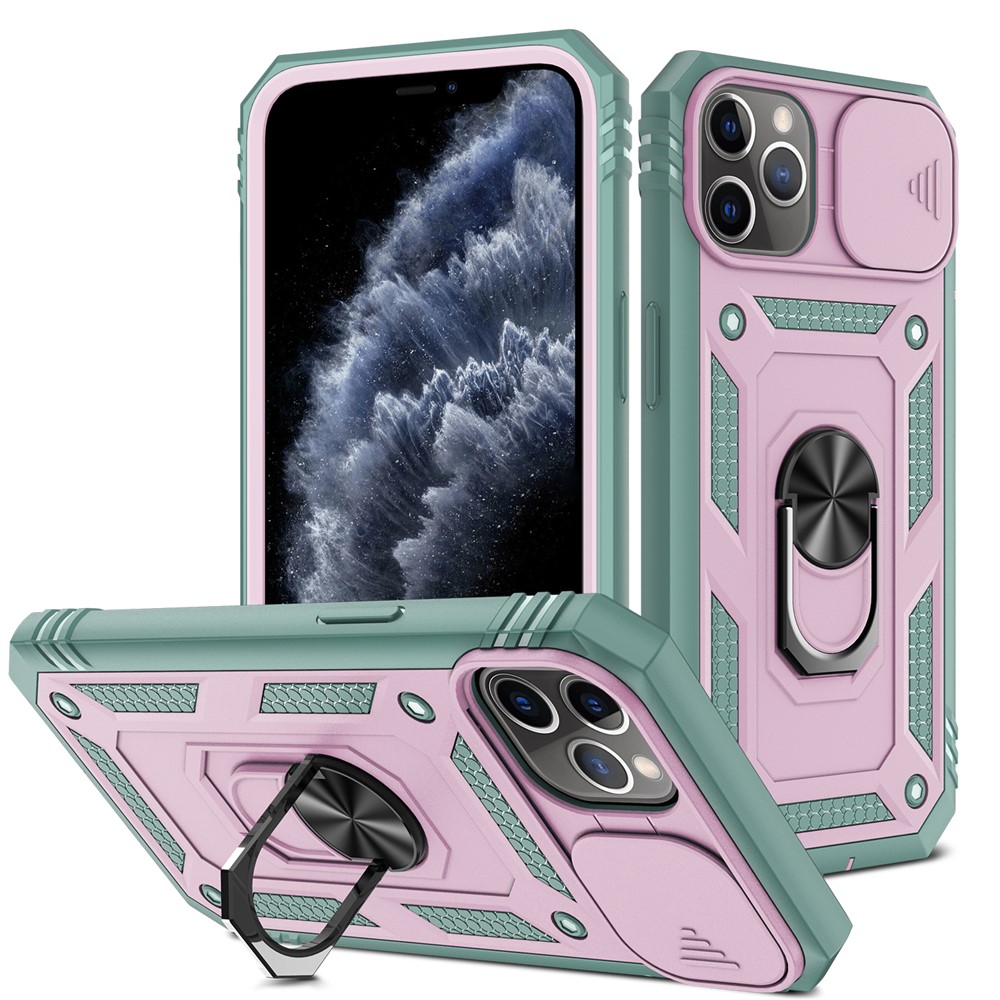 Kickstand Military Grade Drop Tested Hard PC Back + Soft TPU Edge Protective Case with Camera Lens Protector for iPhone 11 Pro Max 6.5 inch - Pink/Green