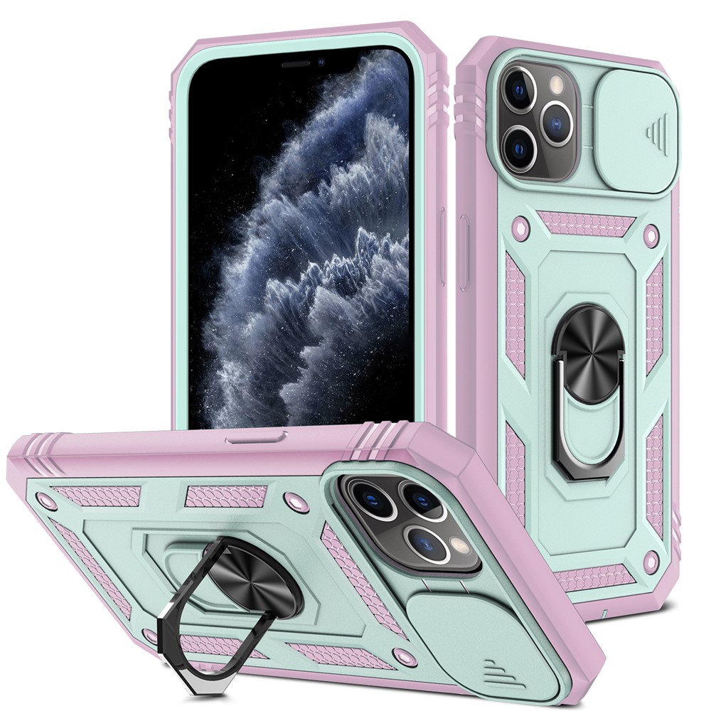 Kickstand Military Grade Drop Tested Hard PC Back + Soft TPU Edge Protective Case with Camera Lens Protector for iPhone 11 Pro Max 6.5 inch - Green/Pink