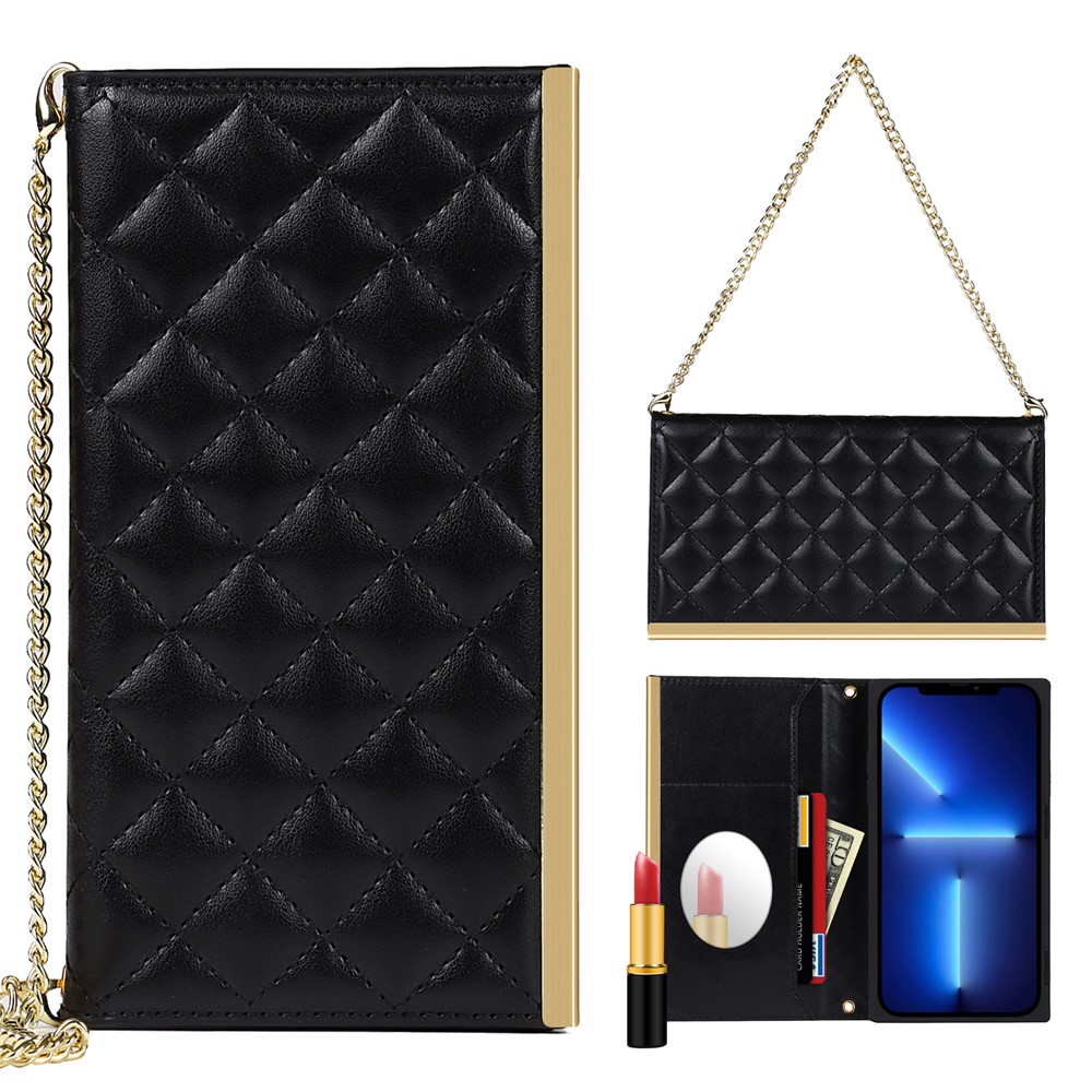 Grid Texture Mirror Function PU Leather Wallet Stand Phone Cover Case Hand Bag for iPhone 13 mini 5.4 inch - Black