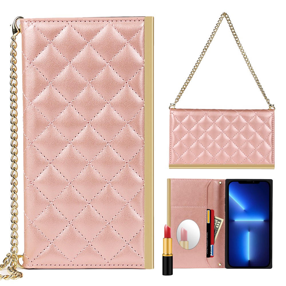 Grid Texture Mirror Function PU Leather Wallet Stand Phone Cover Case Hand Bag for iPhone 13 mini 5.4 inch - Rose Gold