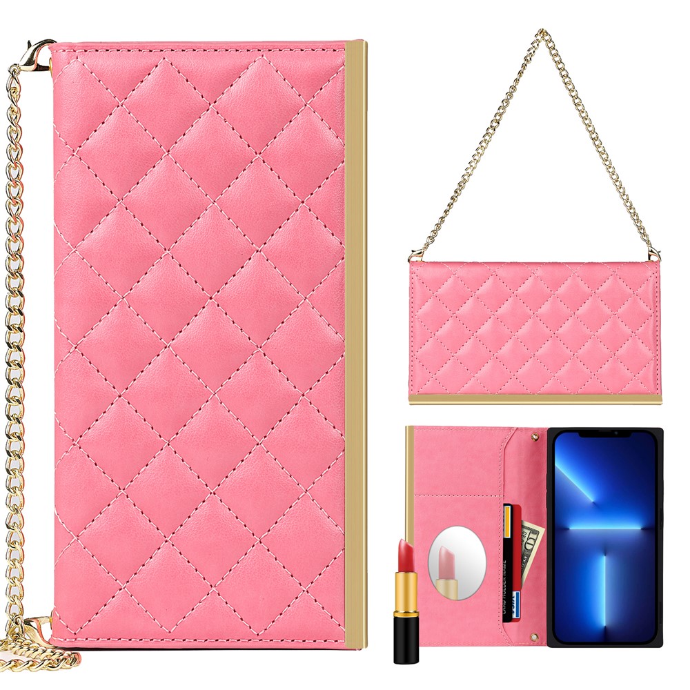 Grid Texture Mirror Function PU Leather Wallet Stand Phone Cover Case Hand Bag for iPhone 13 mini 5.4 inch - Pink