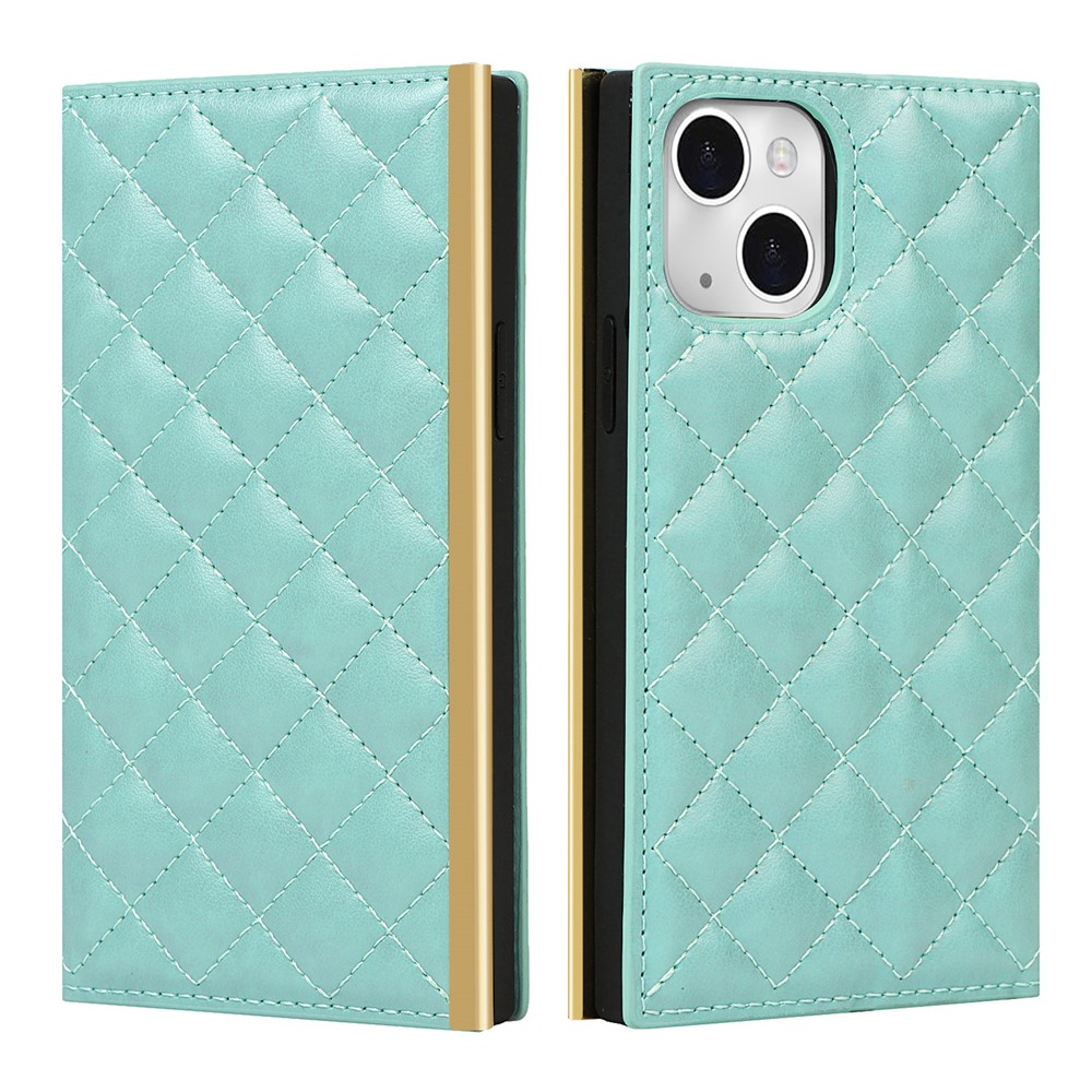 Grid Texture Mirror Function PU Leather Wallet Stand Phone Cover Case Hand Bag for iPhone 13 mini 5.4 inch - Green