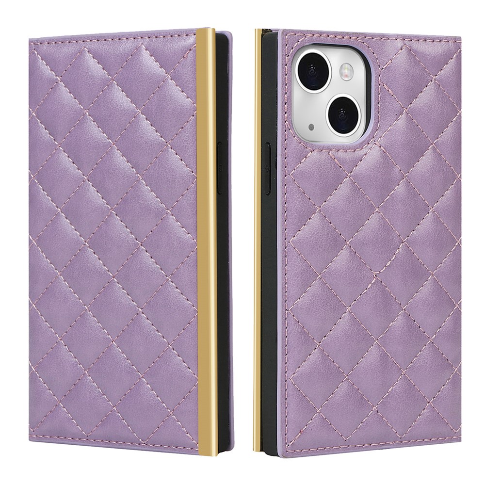 Grid Texture Mirror Function PU Leather Wallet Stand Phone Cover Case Hand Bag for iPhone 13 mini 5.4 inch - Purple
