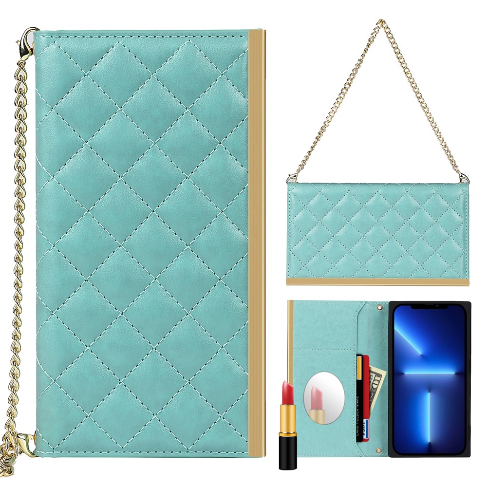 For iPhone 13 mini 5.4 inch Phone Case Grid Texture Phone Bag Leather Hand Bag with Makeup Mirror - Cyan