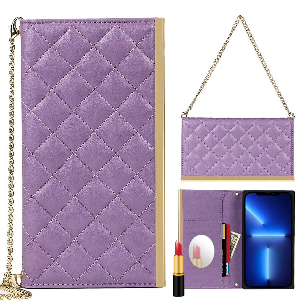 For iPhone 13 mini 5.4 inch Phone Case Grid Texture Phone Bag Leather Hand Bag with Makeup Mirror - Purple