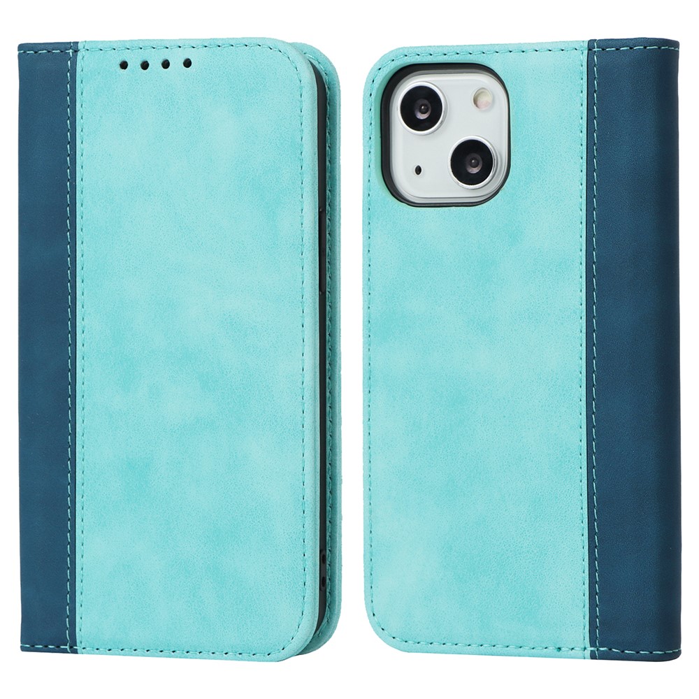 Scratch Resistant Phone Cover Full Protection Auto-absorbed Bi-color Splicing Design Leather Wallet Phone Case for iPhone 13 mini 5.4 inch - Light Blue/Dark Blue