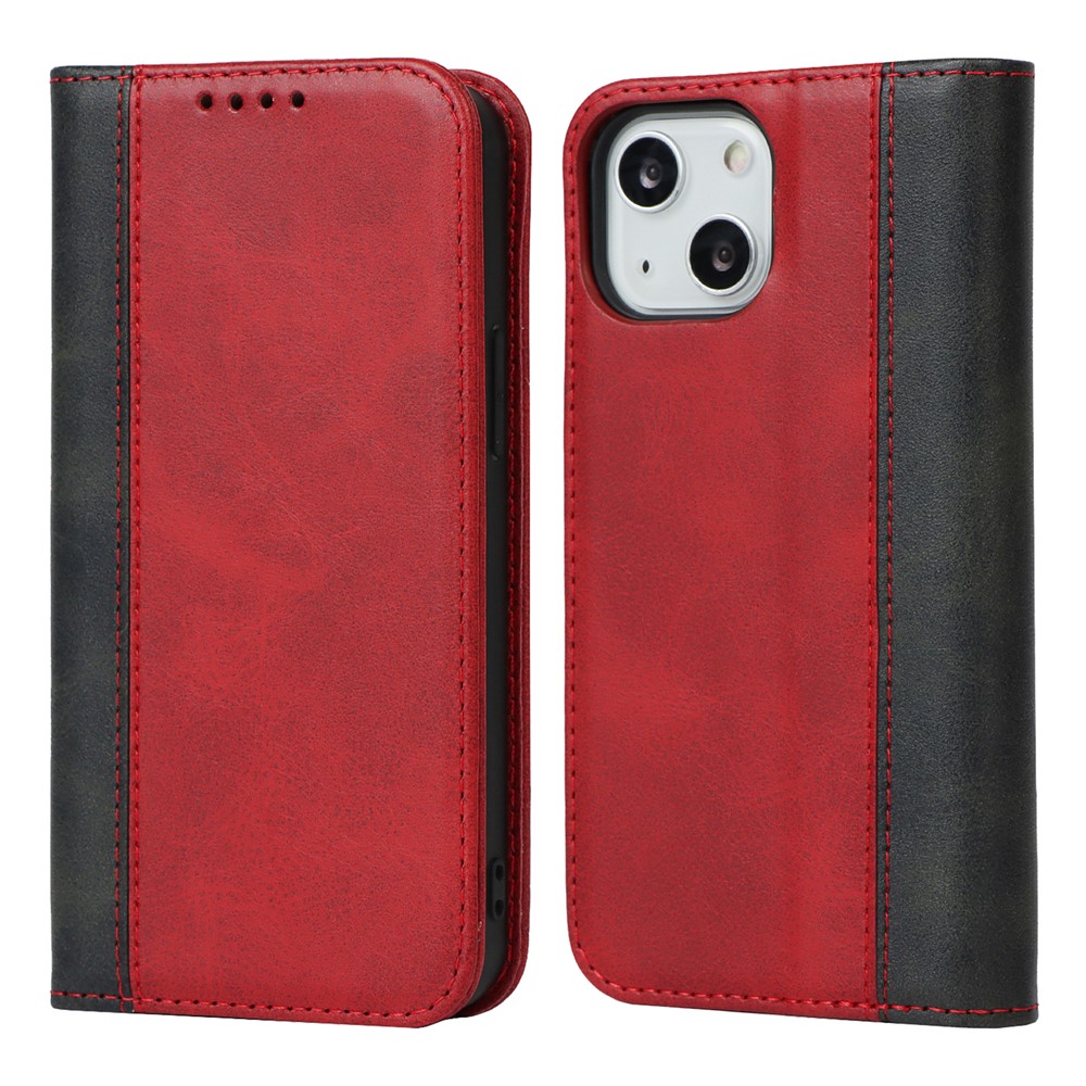 Scratch Resistant Phone Cover Full Protection Auto-absorbed Bi-color Splicing Design Leather Wallet Phone Case for iPhone 13 mini 5.4 inch - Red/Black