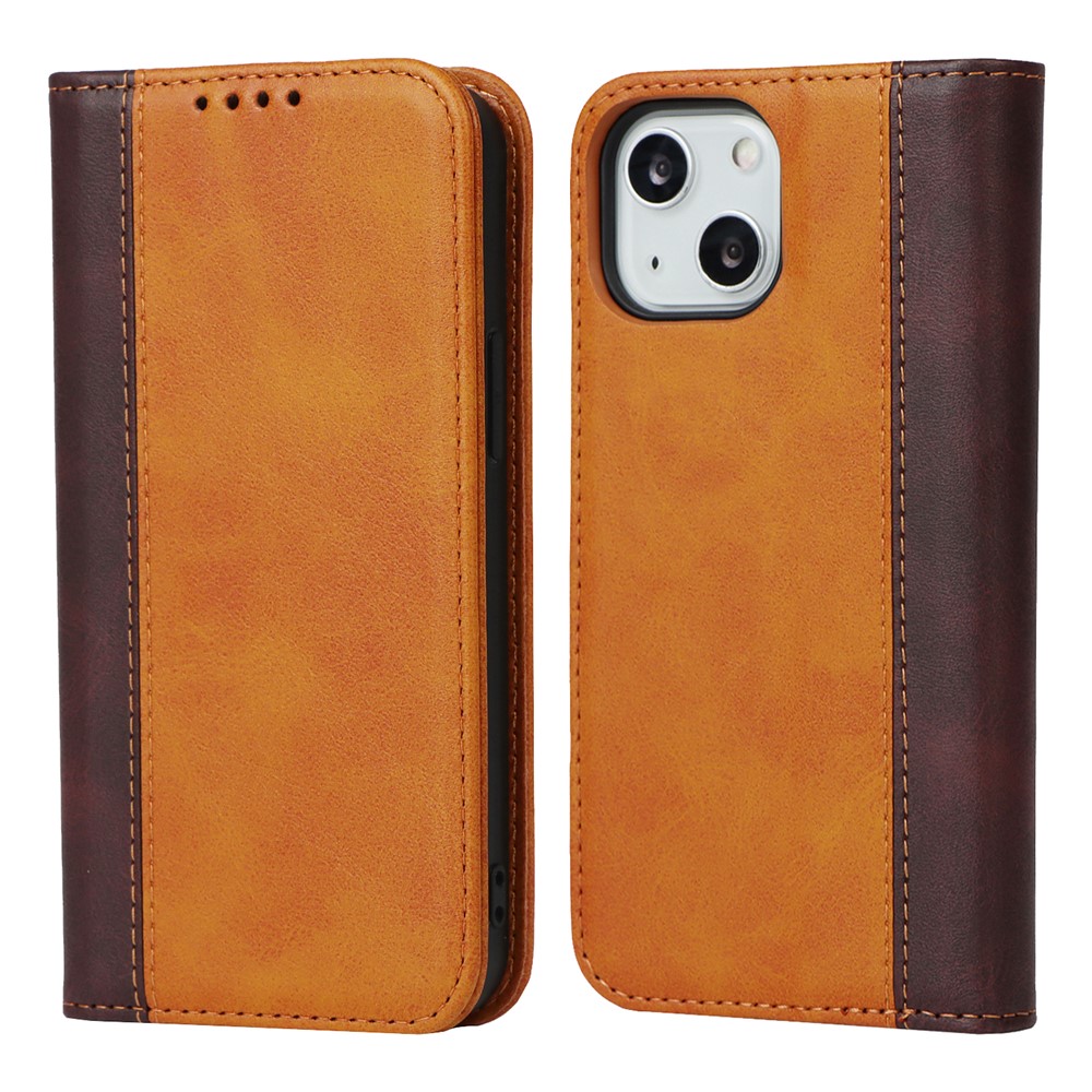Scratch Resistant Phone Cover Full Protection Auto-absorbed Bi-color Splicing Design Leather Wallet Phone Case for iPhone 13 mini 5.4 inch - Yellow/Brown