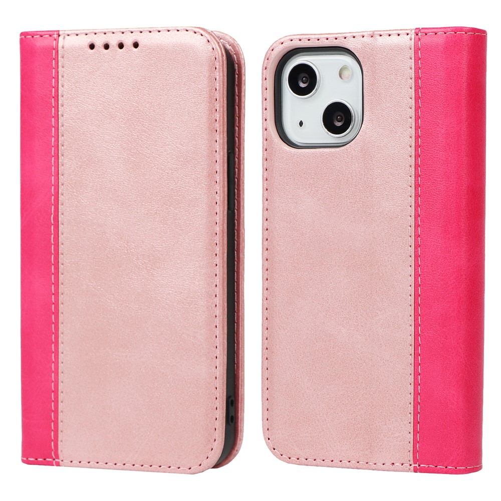 Scratch Resistant Phone Cover Full Protection Auto-absorbed Bi-color Splicing Design Leather Wallet Phone Case for iPhone 13 mini 5.4 inch -  Rose Gold/Rose