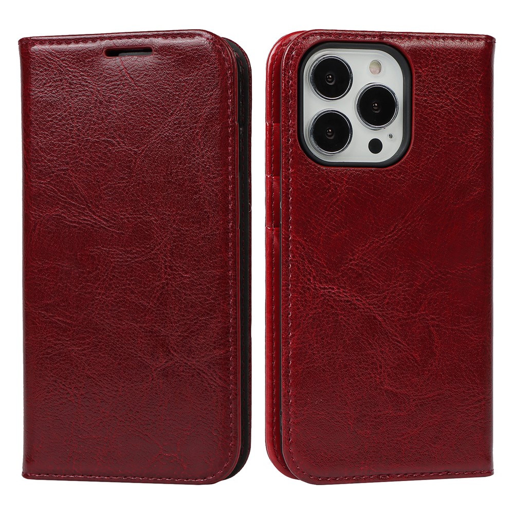 Genuine Leather Crazy Horse Texture Anti-Drop Scratch-Resistant Wallet Stand Design Phone Case Cover for iPhone 13 Pro Max 6.7 inch - Wine Red-1