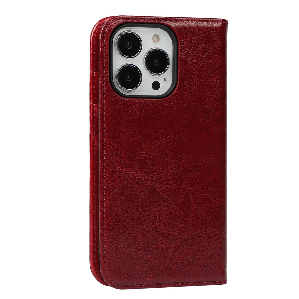 Genuine Leather Crazy Horse Texture Anti-Drop Scratch-Resistant Wallet Stand Design Phone Case Cover for iPhone 13 Pro Max 6.7 inch - Wine Red-3