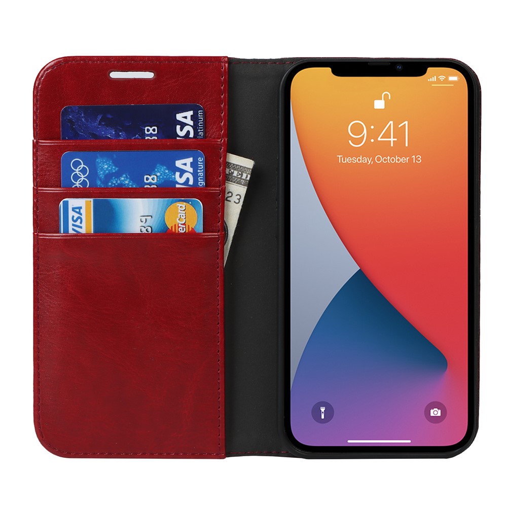 Genuine Leather Crazy Horse Texture Anti-Drop Scratch-Resistant Wallet Stand Design Phone Case Cover for iPhone 13 Pro Max 6.7 inch - Wine Red-4