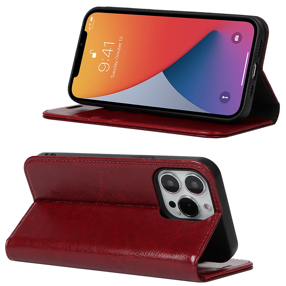 Genuine Leather Crazy Horse Texture Anti-Drop Scratch-Resistant Wallet Stand Design Phone Case Cover for iPhone 13 Pro Max 6.7 inch - Wine Red-5