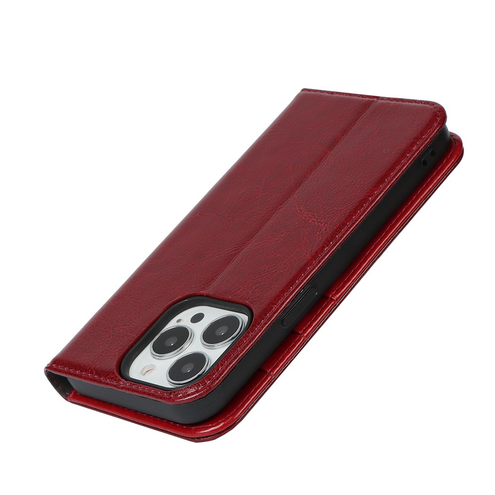 Genuine Leather Crazy Horse Texture Anti-Drop Scratch-Resistant Wallet Stand Design Phone Case Cover for iPhone 13 Pro Max 6.7 inch - Wine Red-7