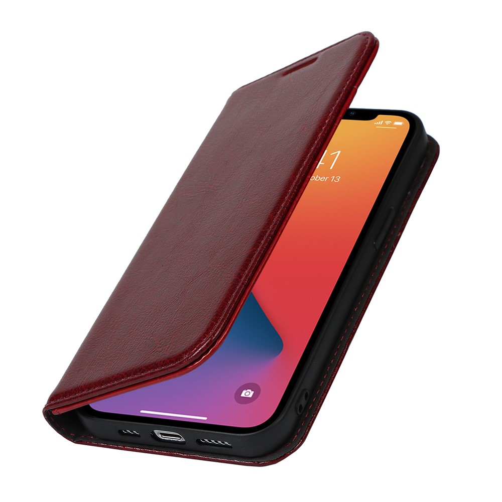 Genuine Leather Crazy Horse Texture Anti-Drop Scratch-Resistant Wallet Stand Design Phone Case Cover for iPhone 13 Pro Max 6.7 inch - Wine Red-8