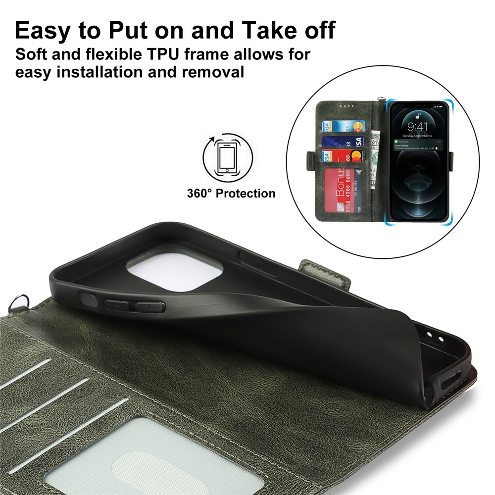 Scratch Resistant RFID Blocking Flip Phone Case Magnetic Closure Wallet Phone Cover Shell for iPhone 13 6.1 inch - Green-10