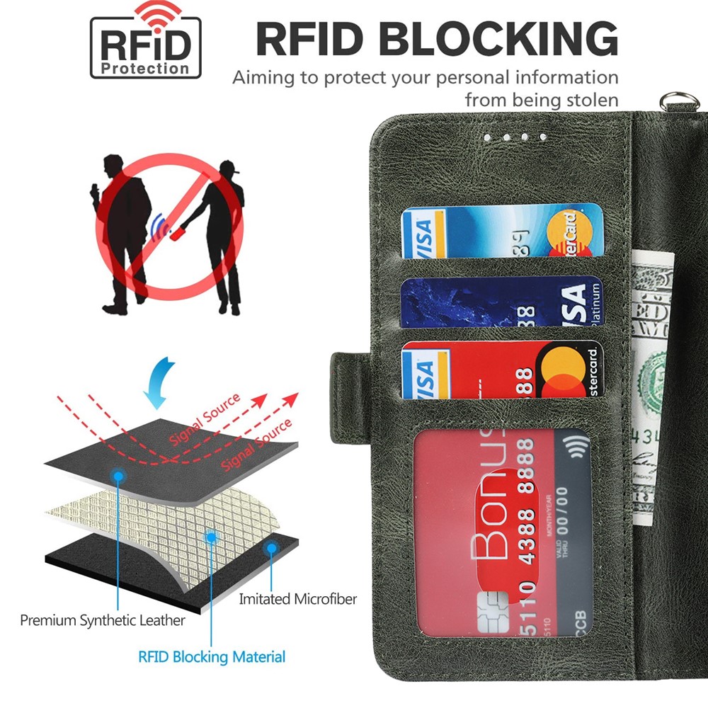 Scratch Resistant RFID Blocking Flip Phone Case Magnetic Closure Wallet Phone Cover Shell for iPhone 13 6.1 inch - Green-11