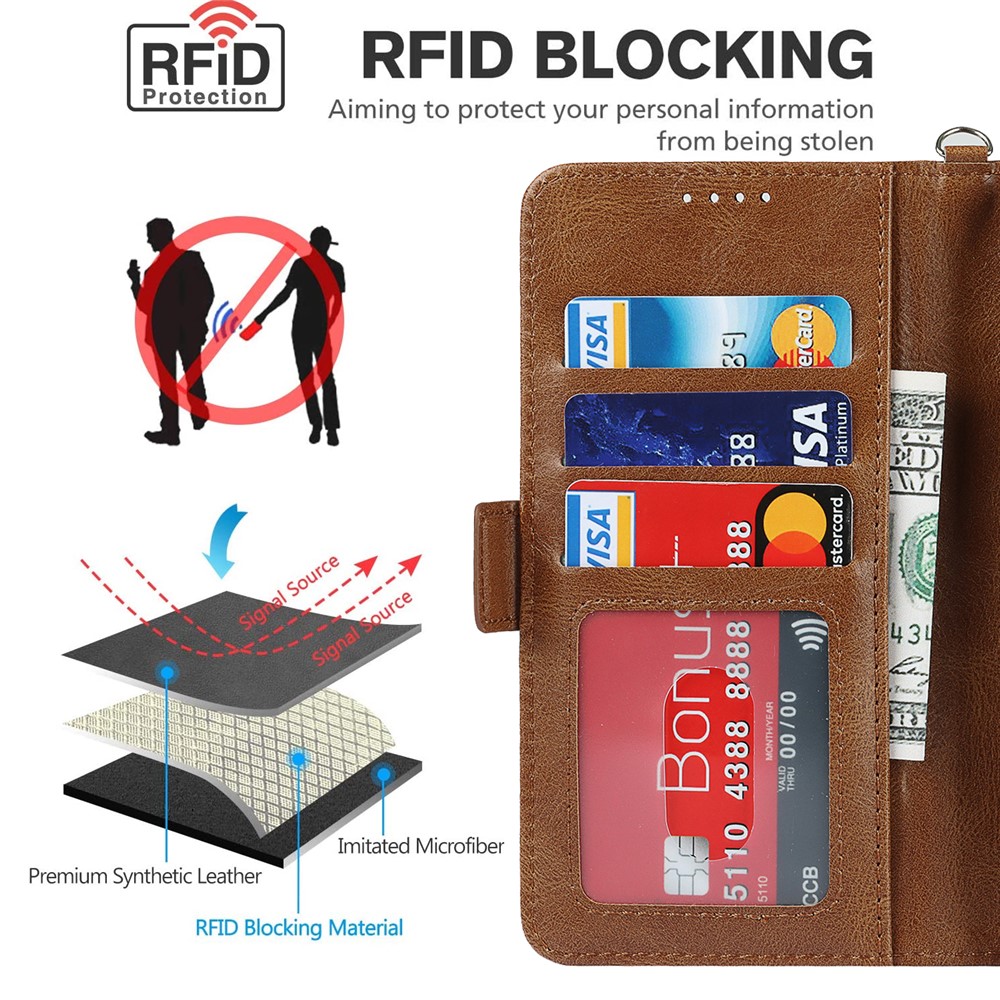 Shockproof Flip Phone Case RFID Blocking Magnetic Closure Wallet Phone Cover Shell for iPhone 13 Pro Max 6.7 inch - Brown-11