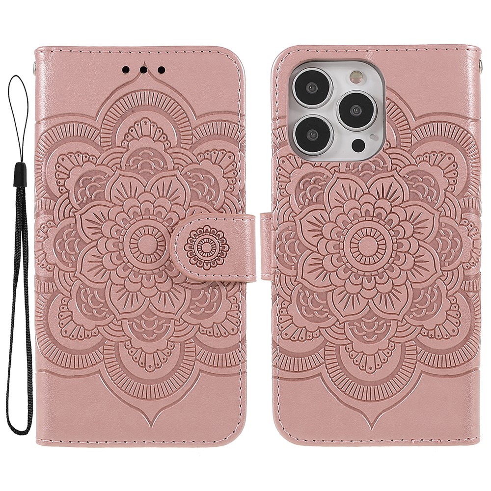 PU Leather Imprinting Mandala Flower Phone Cover Stand Wallet Case for iPhone 13 Pro Max 6.7 inch - Rose Gold-1