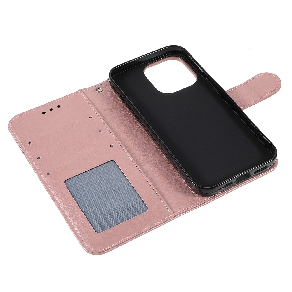 PU Leather Imprinting Mandala Flower Phone Cover Stand Wallet Case for iPhone 13 Pro Max 6.7 inch - Rose Gold-10