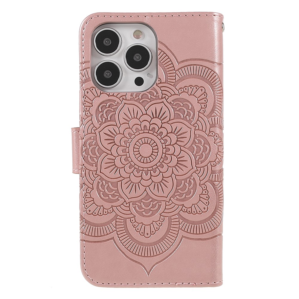PU Leather Imprinting Mandala Flower Phone Cover Stand Wallet Case for iPhone 13 Pro Max 6.7 inch - Rose Gold-3