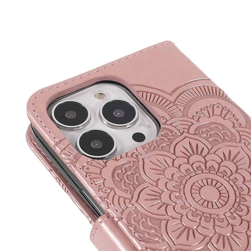 PU Leather Imprinting Mandala Flower Phone Cover Stand Wallet Case for iPhone 13 Pro Max 6.7 inch - Rose Gold-6