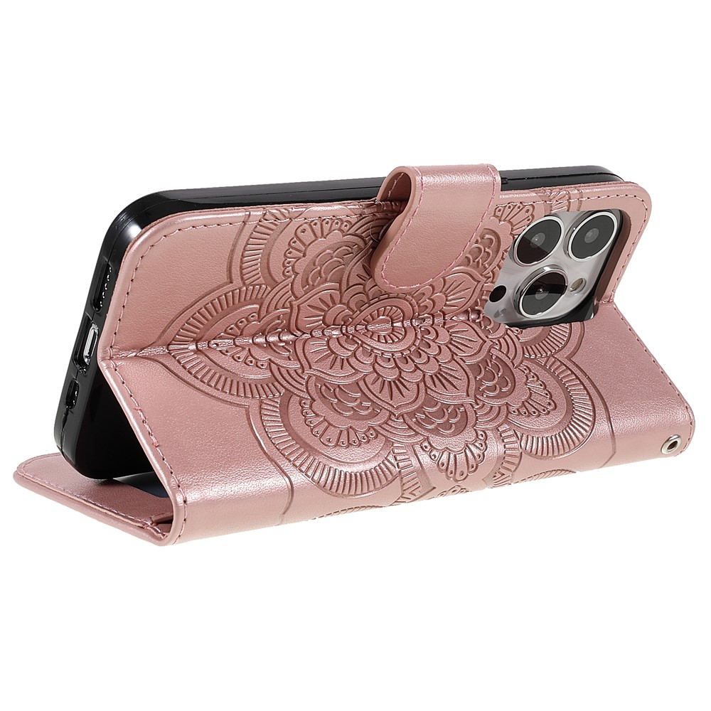 PU Leather Imprinting Mandala Flower Phone Cover Stand Wallet Case for iPhone 13 Pro Max 6.7 inch - Rose Gold-9