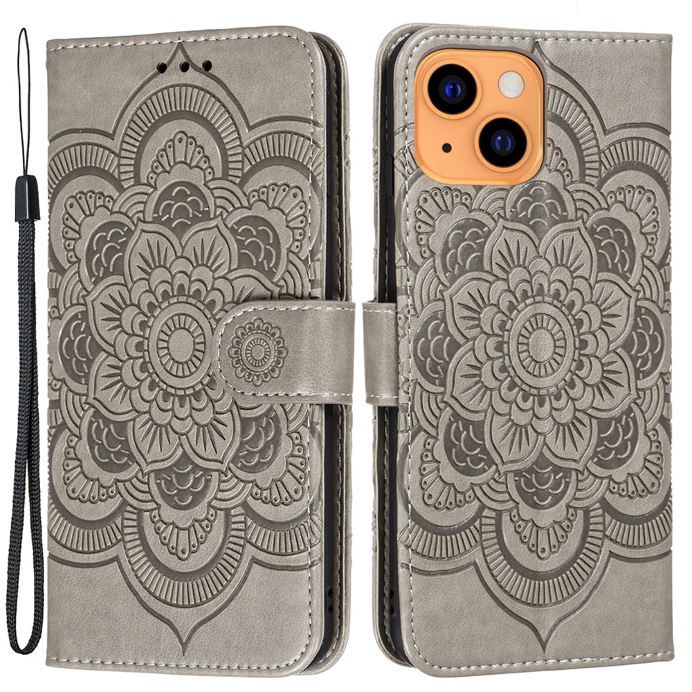 Imprinting Mandala Flower Scratch-resistant Leather Phone Cover Stand Wallet Protective Case for iPhone 13 mini 5.4 inch - Grey-1