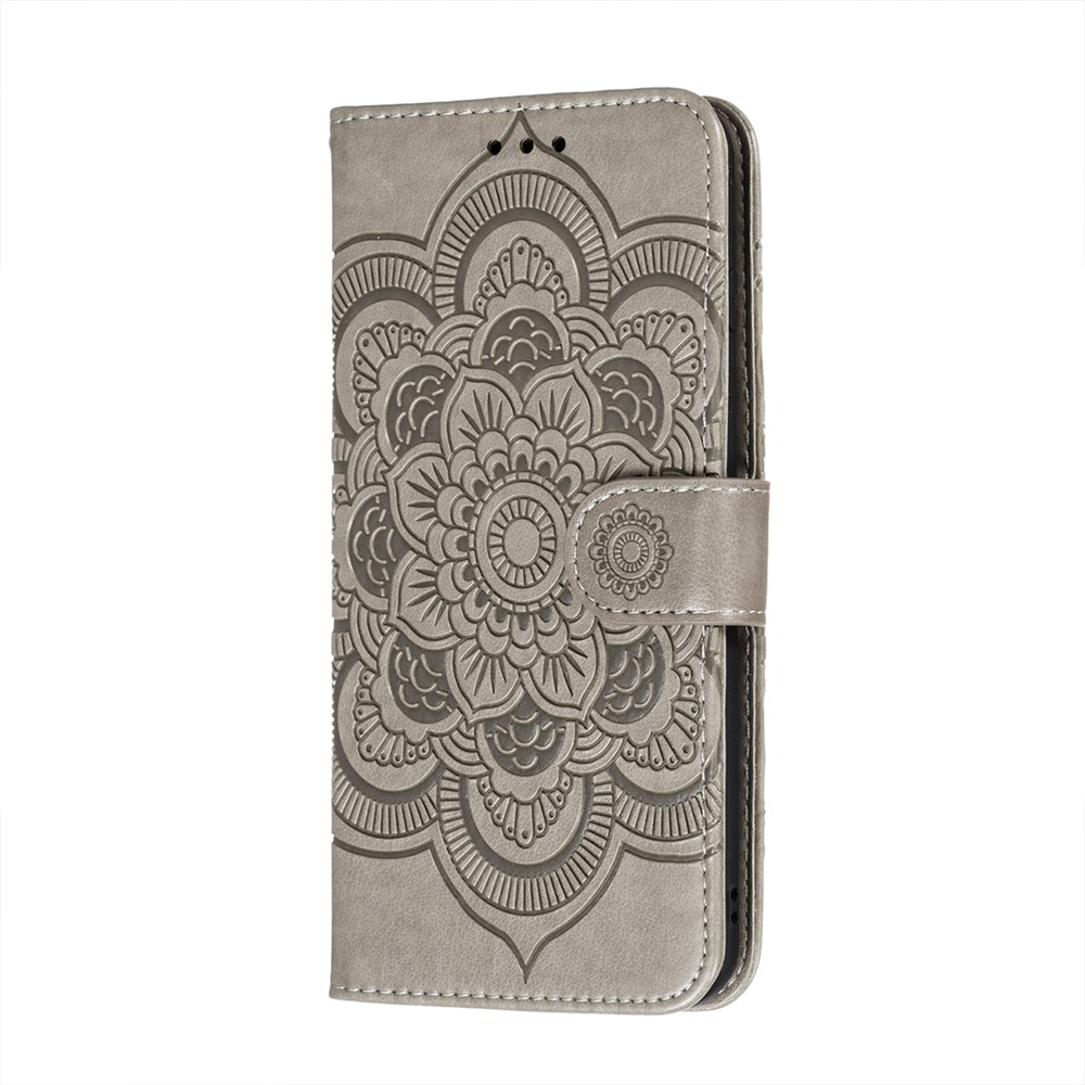 Imprinting Mandala Flower Scratch-resistant Leather Phone Cover Stand Wallet Protective Case for iPhone 13 mini 5.4 inch - Grey-2