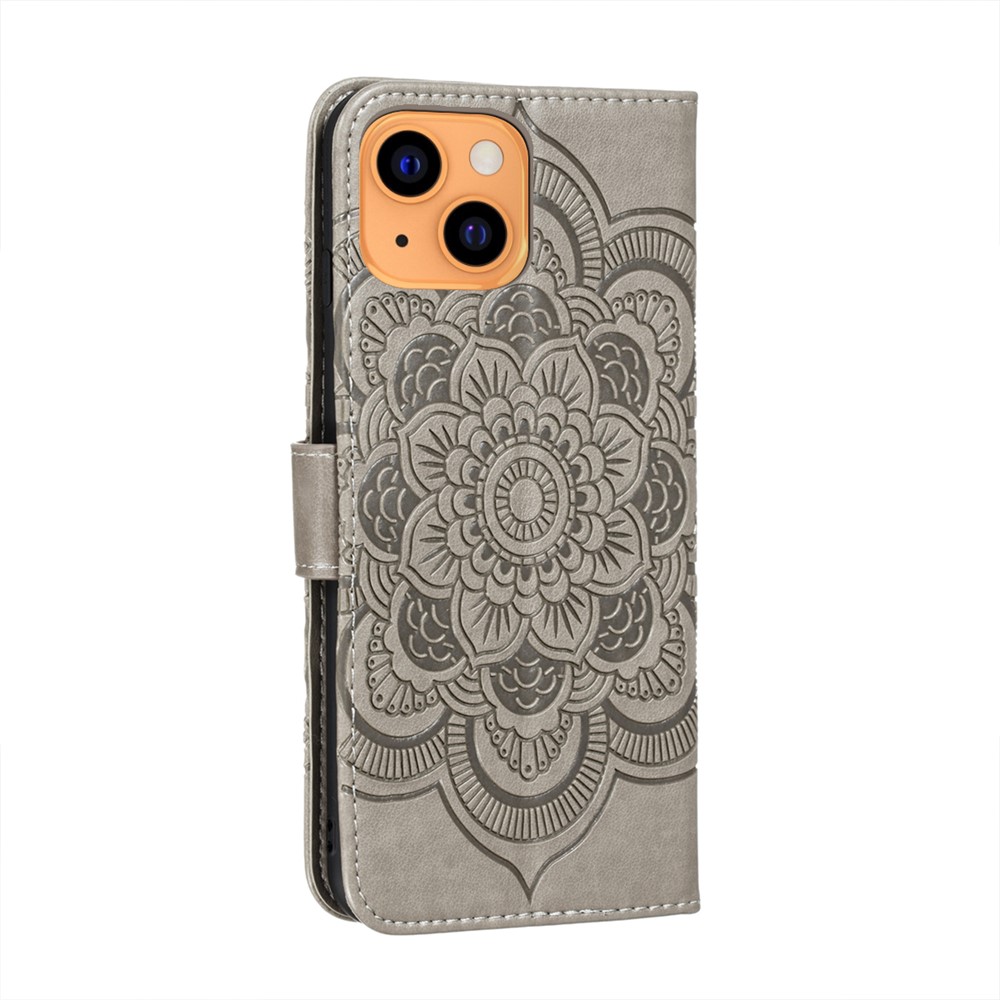 Imprinting Mandala Flower Scratch-resistant Leather Phone Cover Stand Wallet Protective Case for iPhone 13 mini 5.4 inch - Grey-3