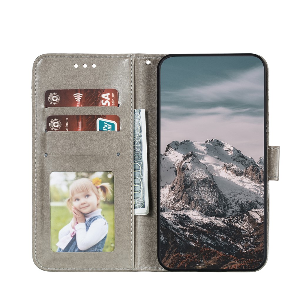 Imprinting Mandala Flower Scratch-resistant Leather Phone Cover Stand Wallet Protective Case for iPhone 13 mini 5.4 inch - Grey-4