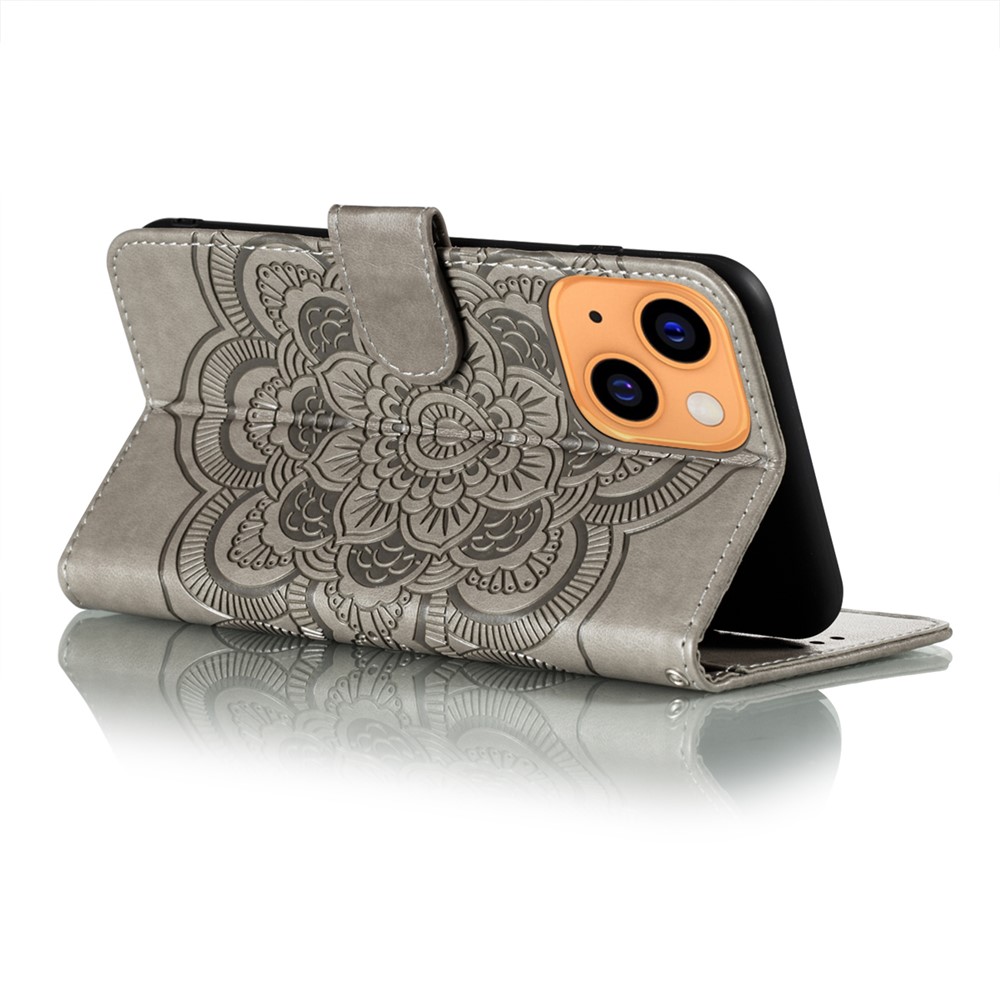 Imprinting Mandala Flower Scratch-resistant Leather Phone Cover Stand Wallet Protective Case for iPhone 13 mini 5.4 inch - Grey-5