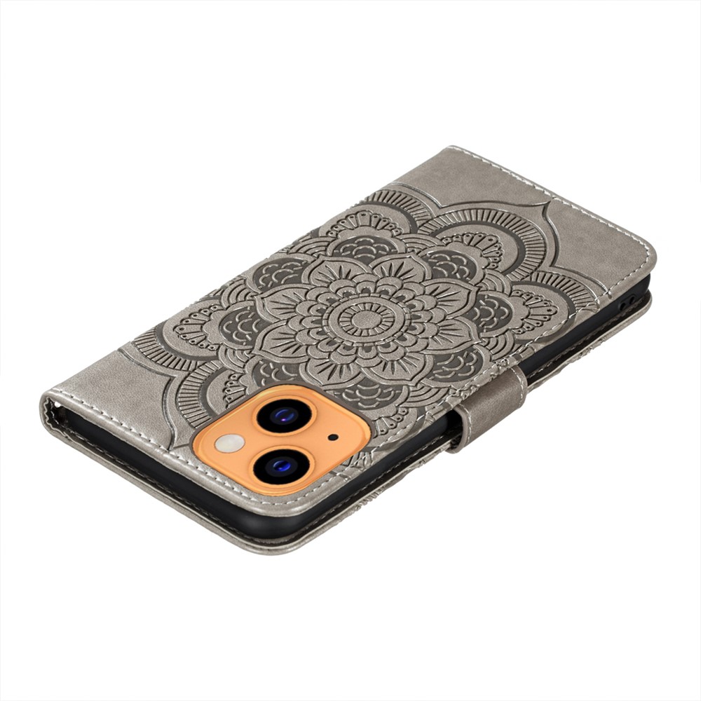 Imprinting Mandala Flower Scratch-resistant Leather Phone Cover Stand Wallet Protective Case for iPhone 13 mini 5.4 inch - Grey-8