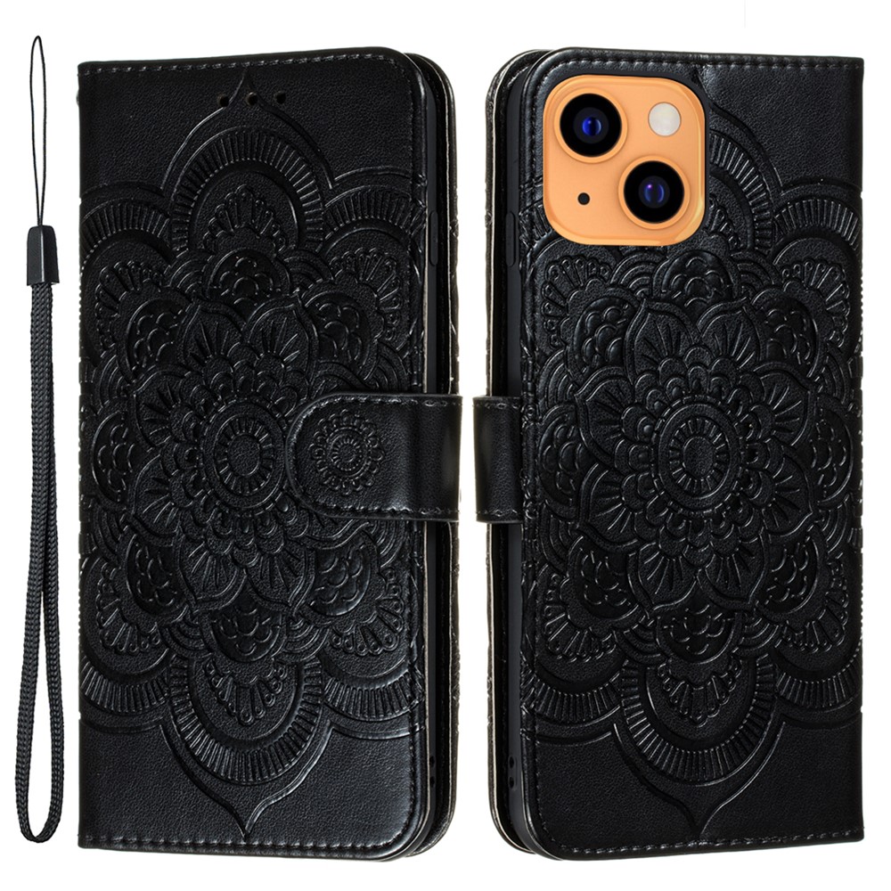 Imprinting Mandala Flower Scratch-resistant Leather Phone Cover Stand Wallet Protective Case for iPhone 13 mini 5.4 inch - Black