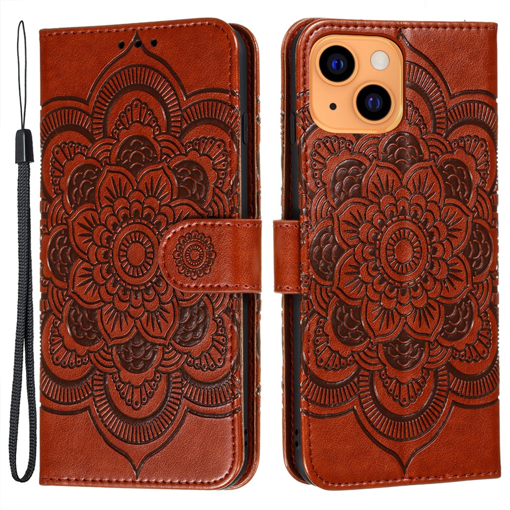 Imprinting Mandala Flower Scratch-resistant Leather Phone Cover Stand Wallet Protective Case for iPhone 13 mini 5.4 inch - Brown