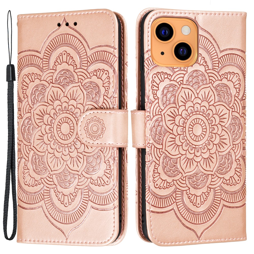 Imprinting Mandala Flower Scratch-resistant Leather Phone Cover Stand Wallet Protective Case for iPhone 13 mini 5.4 inch - Rose Gold