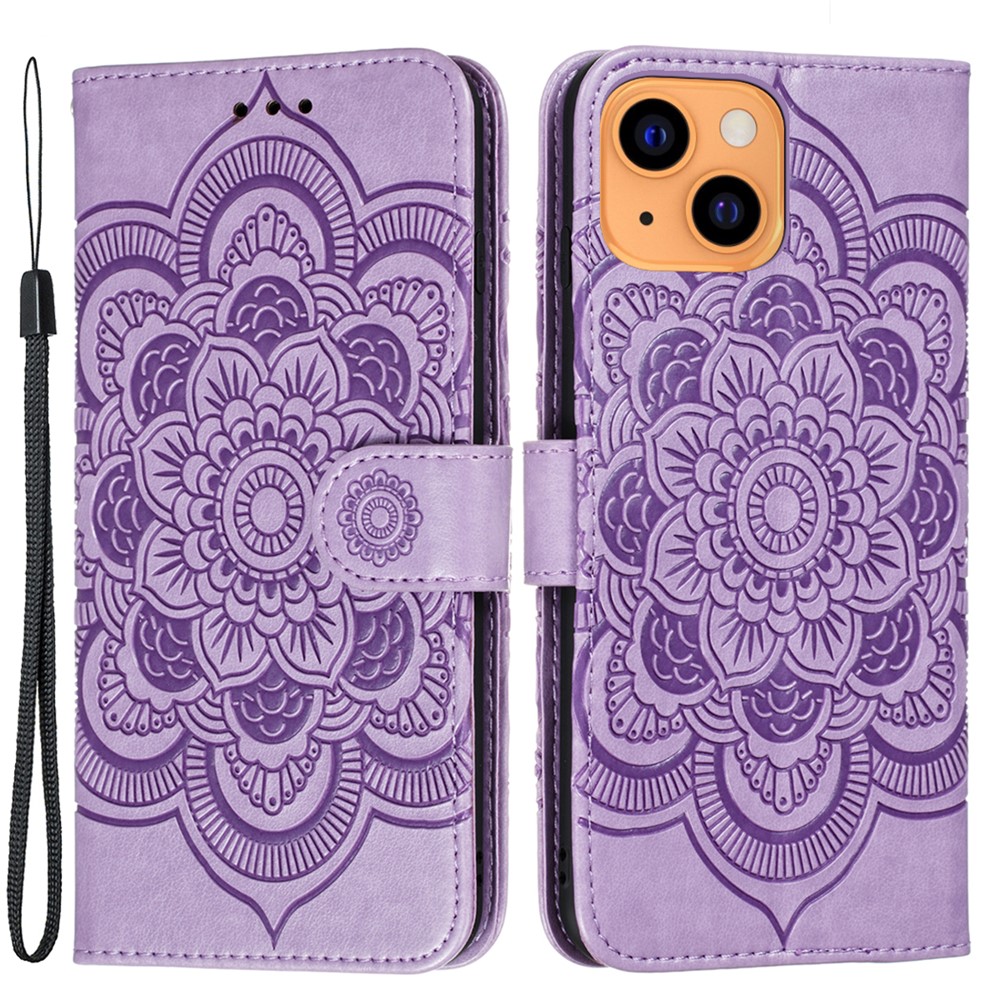 Imprinting Mandala Flower Scratch-resistant Leather Phone Cover Stand Wallet Protective Case for iPhone 13 mini 5.4 inch - Purple
