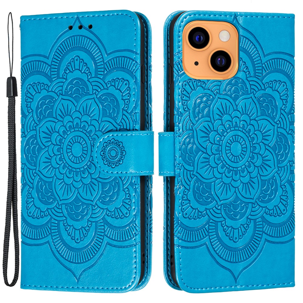 Imprinting Mandala Flower Scratch-resistant Leather Phone Cover Stand Wallet Protective Case for iPhone 13 mini 5.4 inch - Blue