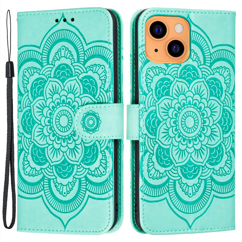 Imprinting Mandala Flower Scratch-resistant Leather Phone Cover Stand Wallet Protective Case for iPhone 13 mini 5.4 inch - Green