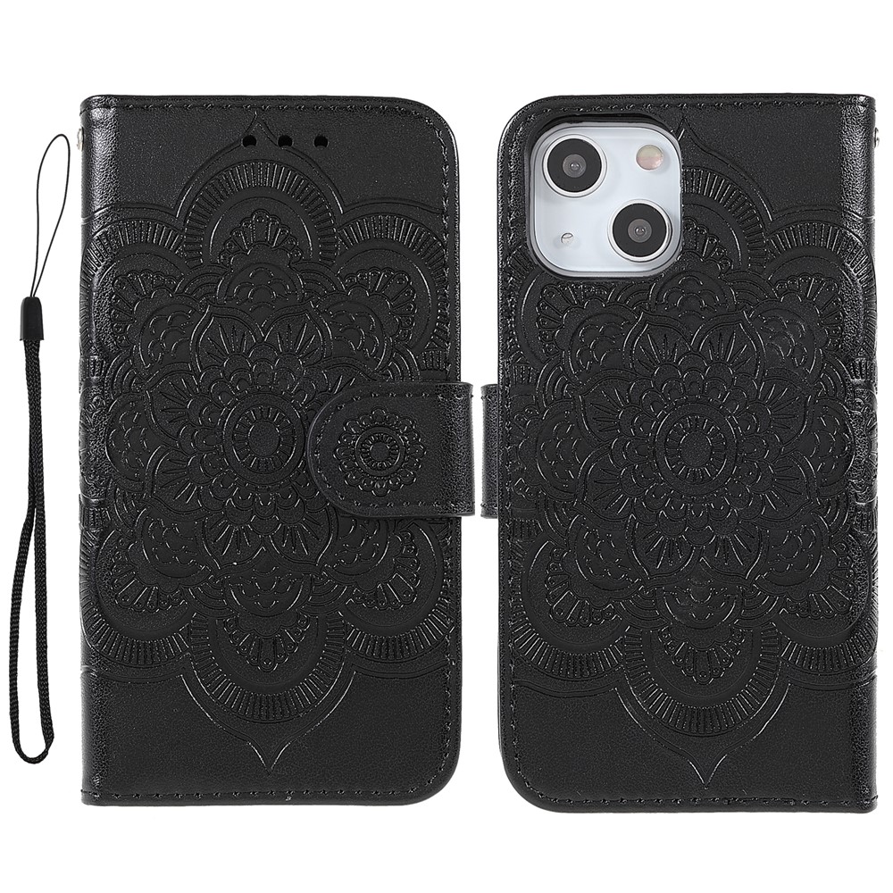 Imprinting Mandala Flower PU Leather Phone Stand Cover Wallet Case with Strap for iPhone 13 6.1 inch - Black-1