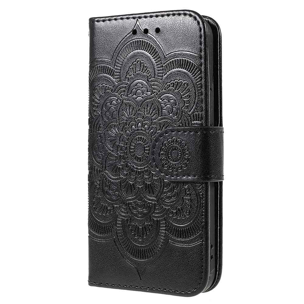 Imprinting Mandala Flower PU Leather Phone Stand Cover Wallet Case with Strap for iPhone 13 6.1 inch - Black-2