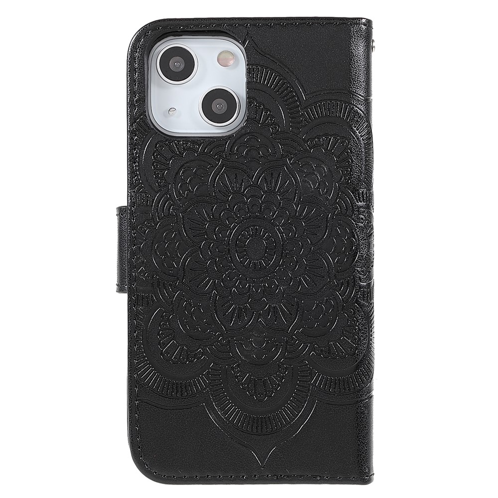 Imprinting Mandala Flower PU Leather Phone Stand Cover Wallet Case with Strap for iPhone 13 6.1 inch - Black-3