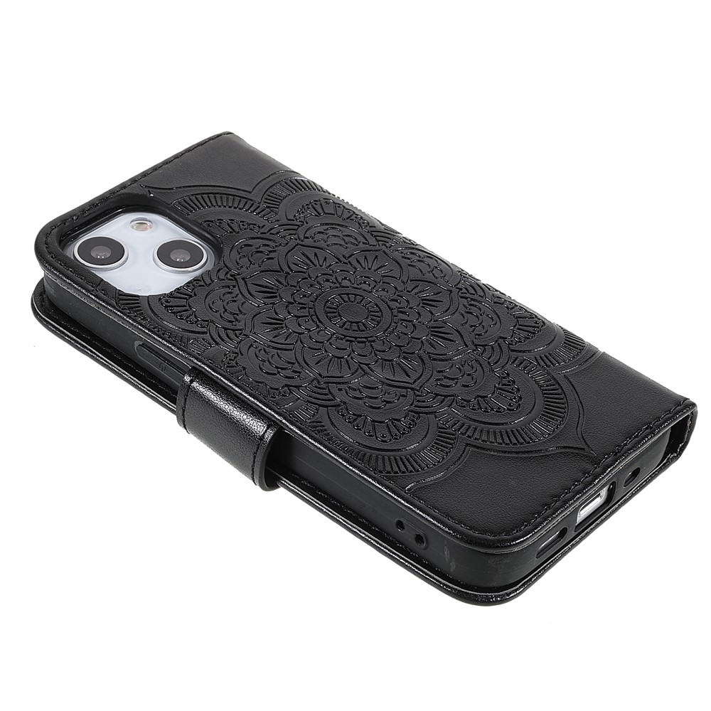 Imprinting Mandala Flower PU Leather Phone Stand Cover Wallet Case with Strap for iPhone 13 6.1 inch - Black-5