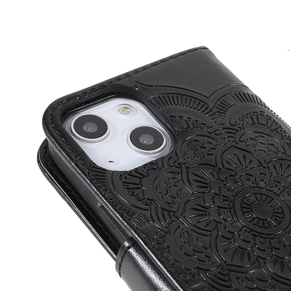 Imprinting Mandala Flower PU Leather Phone Stand Cover Wallet Case with Strap for iPhone 13 6.1 inch - Black-6