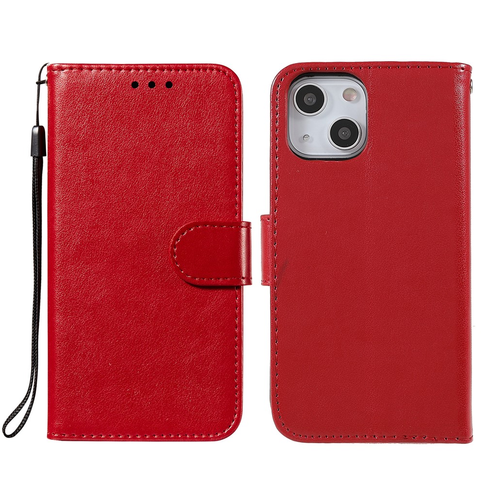 Folio Full Protection Magnetic Solid Color PU Leather Wallet Stand Flip Cover Case with Wrist Strap for iPhone 13 mini 5.4 inch - Red