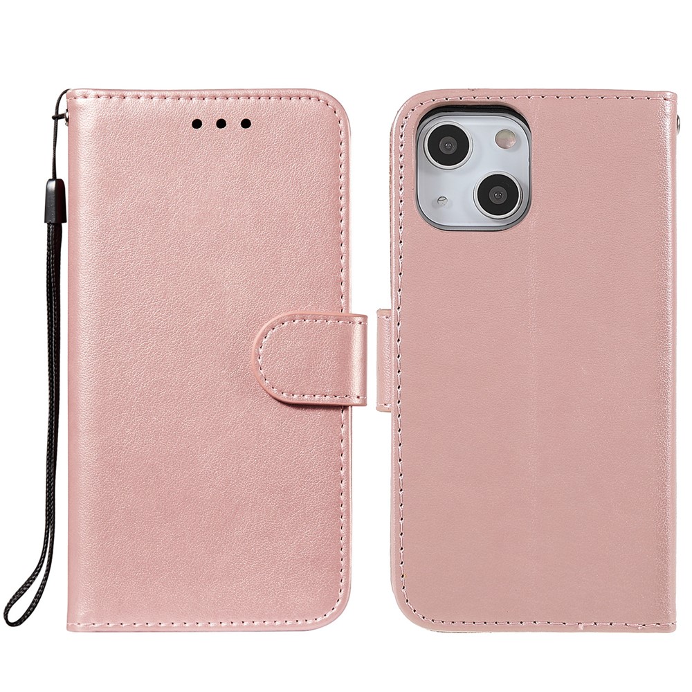 Folio Full Protection Magnetic Solid Color PU Leather Wallet Stand Flip Cover Case with Wrist Strap for iPhone 13 mini 5.4 inch - Rose Gold