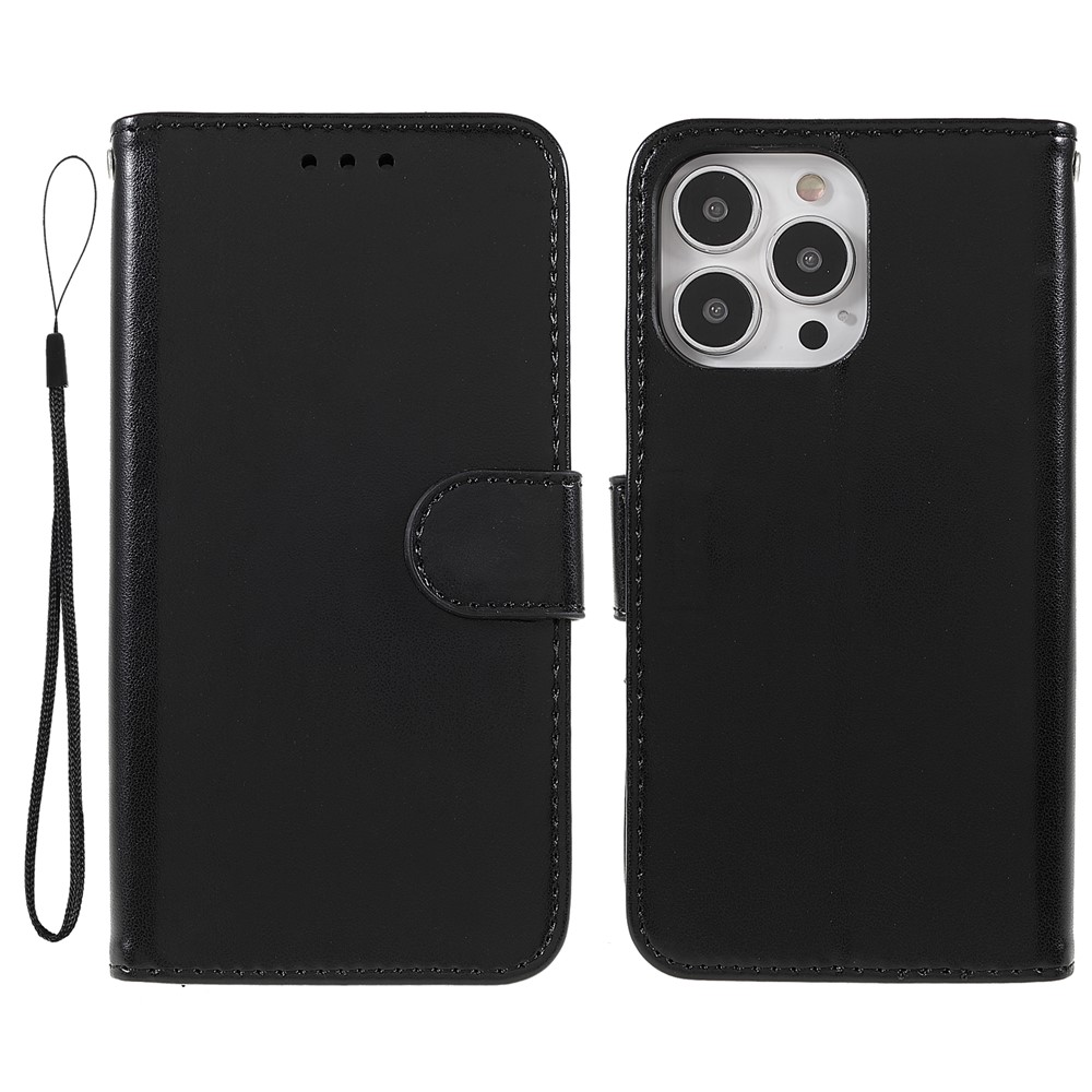 Durable Magnetic Solid Color PU Leather Folio Wallet Stand Flip Cover Case with Wrist Strap for iPhone 13 Pro 6.1 inch - Black-1