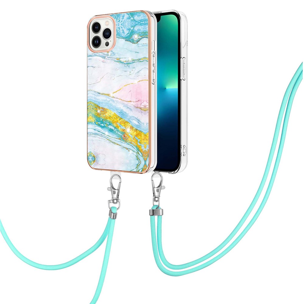 Scratch-proof IML IMD Marble Pattern Electroplating Frame TPU Phone Cover Case with Adjustable Lanyard for iPhone 13 Pro 6.1 inch - Green 004-2