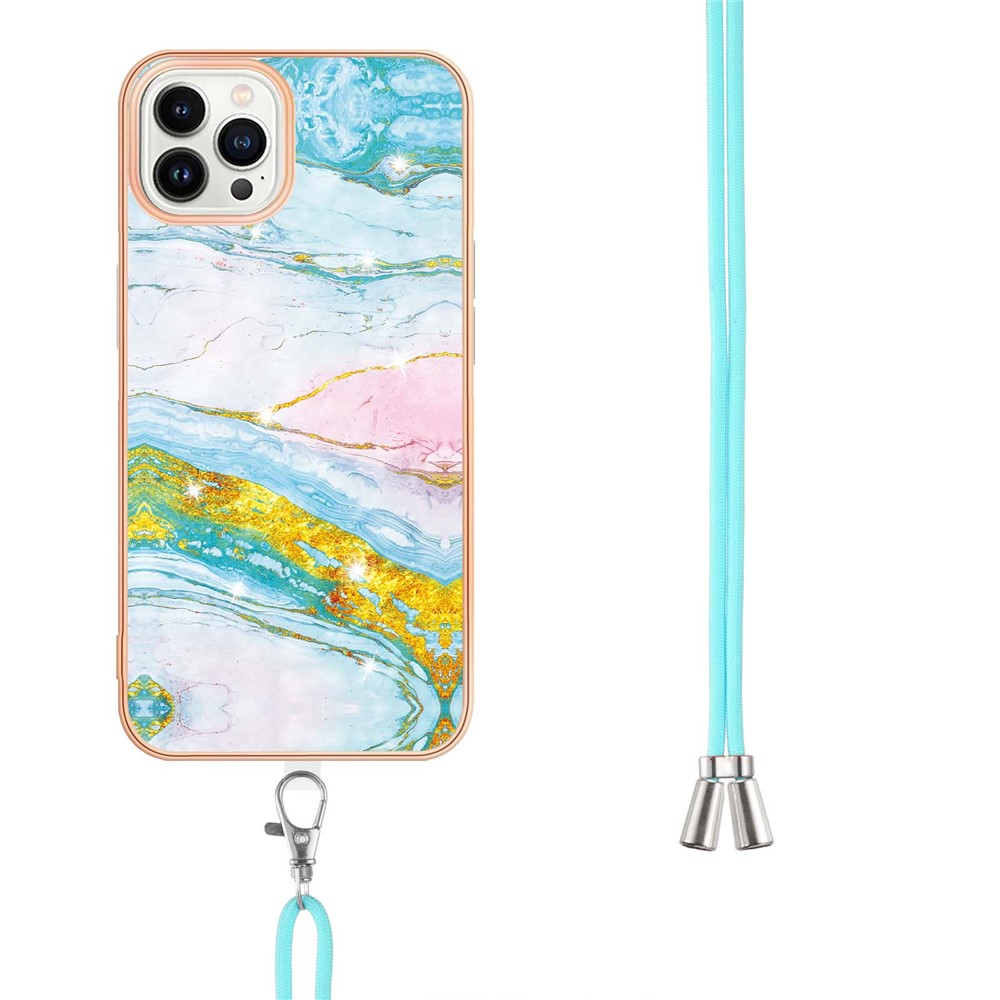 Scratch-proof IML IMD Marble Pattern Electroplating Frame TPU Phone Cover Case with Adjustable Lanyard for iPhone 13 Pro 6.1 inch - Green 004-3