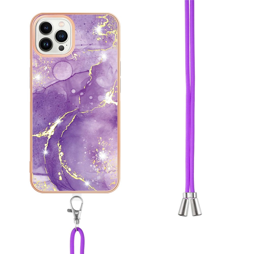 Scratch-proof IML IMD Marble Pattern Electroplating Frame TPU Phone Cover Case with Adjustable Lanyard for iPhone 13 Pro 6.1 inch - Purple 002-3